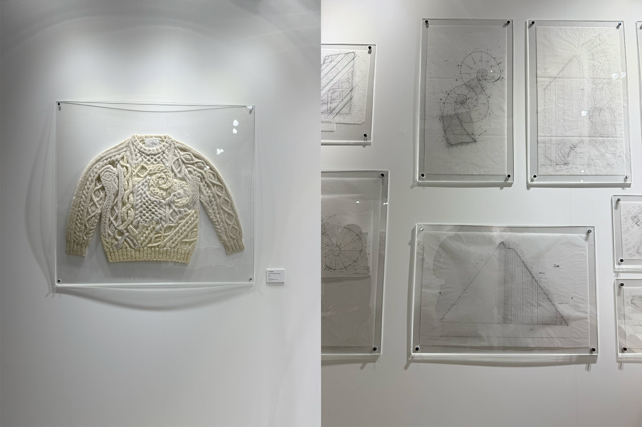 デザイナーの村上亮太さんが2014年に立ち上げたブランド「pillings」（ピリングス）。職人の技術が光る編み物作品が、直筆の編み図とともに展示されていました